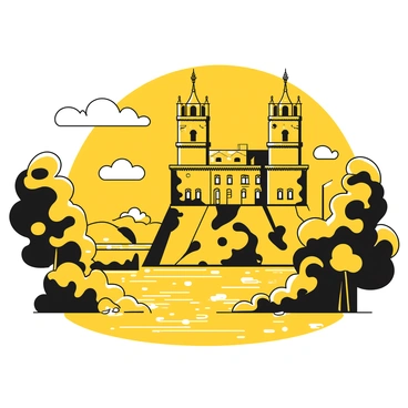 A detailed view of "Heidelberg Castle" perched on a hillside, with its historical architecture prominently featured. The castle displays tall towers and intricate stonework, showcasing its grandeur. In the foreground, the "Neckar River" flows gently, reflecting the castle's silhouette on its surface. Lush green trees surround the riverbanks, creating a natural frame for the scene. The sky is clear, with a few scattered clouds, enhancing the picturesque quality of the landscape.