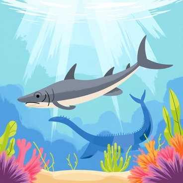 A prehistoric swordfish with a long, pointed snout and sleek body is swimming gracefully through a vibrant underwater scene. Surrounding the swordfish are various extinct marine creatures, including a large, armored Dunkleosteus with strong jaw and sharp teeth, and a gentle, planktivorous Plesiosaurus with a long neck and four flippers. Colorful coral formations and large kelp plants sway gently in the water, adding depth to the scene. Rays of sunlight filter down through the surface, illuminating the diverse marine life.