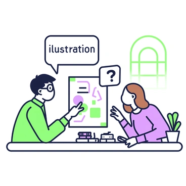 A comic strip panel featuring two characters engaged in a discussion about the word "illustration." The first character, a young man with glasses and a green shirt, is pointing towards a notepad with sketches on it. The second character, a woman with long brown hair wearing a purple sweater, is leaning forward with an intrigued expression. A speech bubble from the man contains the word "illustration," while the woman's speech bubble shows her asking a question about its meaning. The background includes a simple desk with art supplies scattered around, along with a small plant in a pot and a window showing the outline of a sun.