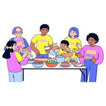 A group of four teens is gathered at a community charity event. They are wearing matching bright t-shirts with "Community Helpers" printed on them. Two of the teens are standing behind a long table filled with various dishes, including a large pot of soup, fresh bread, and colorful salads. One teen is ladling soup into a bowl while the other is handing it to a smiling elderly woman. The third teen is holding a tray of desserts, offering slices of cake to guests with an enthusiastic expression. The fourth teen is engaging with a group of children, showing them how to decorate cookies. The atmosphere is lively, filled with warm smiles and a sense of community spirit.