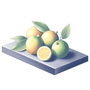A collection of yuzu fruits arranged artfully on a wooden table. The fruits are visually distinct with their textured surface and characteristic shape. Surrounding the yuzu are several green leaves, adding an organic element to the composition. The wooden table offers a rustic backdrop that enhances the natural beauty of the fruits and leaves.