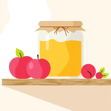 A clear glass jar filled with golden homemade apple jam sits on a rustic wooden kitchen shelf. The jar has a brown paper cover tied with twine. Beside the jar, there are several fresh red apples with bright green leaves. The wooden shelf has a weathered texture, and the background features a light-colored wall that enhances the cozy kitchen atmosphere. Soft natural light illuminates the scene, casting gentle shadows and highlighting the vibrant colors of the apples and the jam.