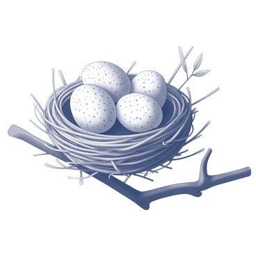 A bird's nest made of twigs and grasses rests in a small indentation on a sturdy branch. The nest is rounded, with a slight opening at the top revealing its contents. Inside, there are three speckled eggs, their surfaces intricately patterned with small dots and varying shades. The surrounding area includes a few delicate leaves and a soft background of bark texture, enhancing the natural setting of the nest.