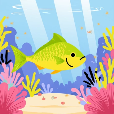 A vibrant mahi-mahi with bright green and yellow scales swims elegantly through a colorful coral reef. The reef is filled with various shapes and sizes of coral, including branching corals and soft corals. Schools of small fish dart around the coral, adding movement to the scene. Sunlight filters through the water, creating dappled light patterns on the sandy ocean floor. The background includes hints of more coral formations and the deep blue ocean beyond.