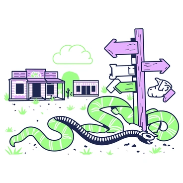 A snake skeleton is lying on the ground next to a weathered wooden signpost. The signpost is partially buried in the dusty earth and has several directional arrows pointing towards different locations. In the background, there are low wooden buildings with faded paint, typical of an Old West town. The ground is covered in fine dust, and sparse vegetation, such as dry grass, is scattered around. A tumbleweed rolls gently in the breeze, adding to the atmosphere of the deserted town.