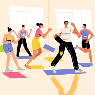A lively group of people in a dance class performing energetic cardio moves. The scene features a diverse mix of individuals, including two women with bright sportswear and a man wearing a sleeveless shirt, all showcasing dynamic poses. The floor is a polished wood surface reflecting their movements. Colorful exercise mats are scattered around, and the walls are decorated with mirrors. In the background, a fitness instructor leads the class with enthusiasm, demonstrating a high-knee exercise. Everyone looks focused and engaged, creating a vibrant atmosphere of movement and energy.