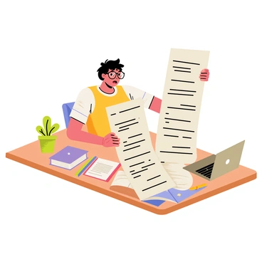 A student with messy hair and glasses is sitting at a wooden desk, looking exasperated as they stare at a long, rolled-up list of homework assignments. The list is overflowing with tasks and notes, creating a chaotic scene. The desk is cluttered with colorful notebooks, a few scattered pens, and an open laptop with a glowing screen. A small potted plant sits in the corner of the desk, adding a touch of green to the busy workspace. The student's expression conveys frustration and disbelief at the overwhelming amount of work ahead.