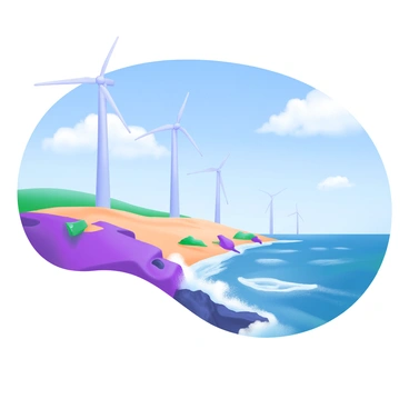 A modern pastel illustration depicting several wind turbines lined up majestically along a coastline. The turbines are tall and white, their blades spinning gracefully in the strong wind. The coastline features rocky cliffs and soft sandy areas, while waves crash energetically against the shore. In the background, a clear blue sky stretches overhead, with fluffy white clouds scattered throughout. The ocean reflects the sunlight, creating shimmering patches on the water's surface.