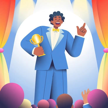 A comedian with light skin and curly black hair is standing on a stage, holding a shiny gold comedic award in one hand. He is wearing a vibrant blue suit with a playful yellow bowtie. His expression is joyful, showcasing a wide smile as he strikes a playful pose with his other hand on his hip. The stage is adorned with colorful curtains and bright lights shining down on him, creating a festive atmosphere. At the front of the stage, an audience can be seen, applauding enthusiastically.