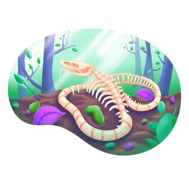 A detailed illustration of a "snake skeleton" intricately blending into the "dense leaf litter" on the "forest floor". The skeleton is elongated and features distinct vertebrae, with its bones having a slightly worn, natural look. The leaf litter consists of various shades of brown and green, with a mix of decaying leaves, small twigs, and patches of moss. Light filters through the tree canopy above, casting dappled shadows across the scene, enhancing the camouflage of the skeleton among the organic debris.