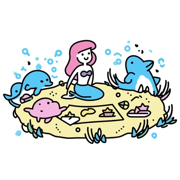 Ariel, a mermaid with long red hair, is sitting in a circular arrangement with her ocean friends. The group includes a cheerful dolphin, a playful sea turtle, and a pair of colorful fish. They are seated on a sandy ocean floor surrounded by seaweed. In the center of the circle, there is a blanket made of coral and shells. Various sea treats are displayed on the blanket, including starfish-shaped sandwiches, colorful seaweed snacks, and small pearls as desserts. The ocean is clear, with sunlight filtering through the water above.