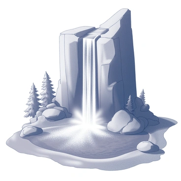 A tall cliff with a waterfall flowing down its rocky face. Water streams gracefully from the top, splashing down into a large pool at the base. The surrounding area features trees and large boulders, adding texture to the scene. Mist rises from where the water meets the pool, creating a dynamic atmosphere. The waterfall has multiple tiers, giving it a layered appearance as it descends.