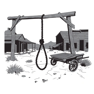 A black noose is hanging from an old wooden beam in a deserted ghost town. The wooden beam is weathered and rustic, showing signs of age and decay. Surrounding the noose, there are dilapidated buildings with cracked walls and broken windows, adding to the eerie atmosphere. The ground is covered in dry, cracked earth with sparse patches of grass peeking through. An abandoned wagon lies tilted to one side nearby, and the sky overhead is a dull gray, enhancing the desolation of the scene.