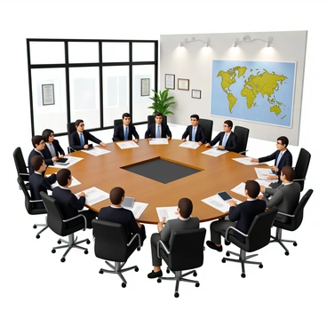 A busy government office filled with several officials of diverse backgrounds. They are seated around a large, oval conference table made of polished wood. Each official has a stack of policy documents in front of them, with some documents spread open for review. Some officials are taking notes on laptops, while others are pointing at specific sections of the documents during their discussions. The walls of the office are adorned with framed certificates and a large map of the country is displayed prominently. The room is well-lit, with modern overhead lighting and large windows allowing natural light to enter.