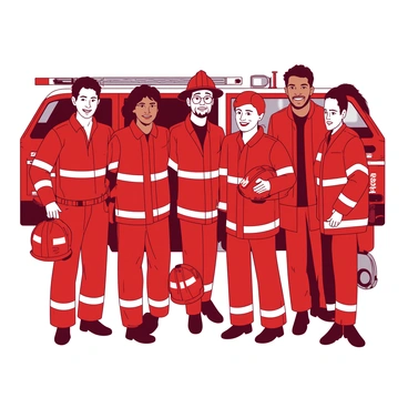A diverse group of firefighters stands together, smiling broadly as they pose for a group photo. The group includes individuals of various ethnicities, with different hairstyles and facial features, showcasing their diversity. They are wearing bright red firefighting uniforms with reflective stripes, and each firefighter has a helmet resting on their head or in their hand. In the background, there is a shiny fire engine, further emphasizing their profession. The firefighters display camaraderie, with some putting their arms around each other’s shoulders, creating a warm and friendly atmosphere.