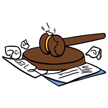 A gavel made of dark wood with a visible fracture down its center rests on a wooden surface. Surrounding the gavel are several crumpled white papers scattered chaotically, some with faint text visible. The lighting creates soft shadows that highlight the texture of the gavel and the creased surfaces of the papers.