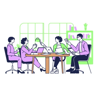 An office scene features employees of different backgrounds collaborating around a round table. The table is made of polished wood and is surrounded by six chairs occupied by individuals engaged in discussion. A man with glasses and dark hair is presenting ideas using a laptop, while a woman with curly hair is taking notes on a notepad. Next to her, an individual with short blonde hair is examining a document. On the table, there are various colored papers, a green plant in a pot, and a digital tablet. In the background, large windows allow natural light to fill the space, and bookshelves lined with folders and office supplies are visible.