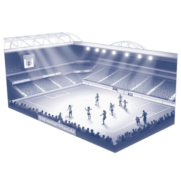 A large football stadium filled with spectators, all eyes focused on the pitch. In the center, performers are engaged in a dynamic display. A group of dancers is performing an energetic routine, showcasing synchronized movements, while a band plays lively music nearby. The players on the field are in the background, taking a break from the game. Bright lights illuminate the area, highlighting the performers as they move in unison. "Old Trafford" is prominently displayed in the stands, capturing the essence of the iconic venue.