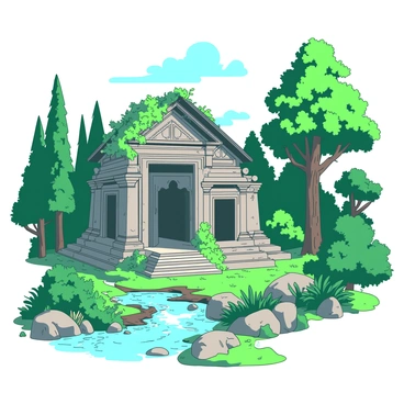 An ancient stone temple stands majestically among lush greenery. The temple has detailed carvings and a weathered facade that shows signs of age. Vines and moss cover parts of the structure, blending it harmoniously with the surrounding nature. Towering trees with thick trunks and a variety of leafy plants create a vibrant backdrop. A gentle stream flows nearby, reflecting the sunlight. The scene conveys a sense of enduring strength and faith.
