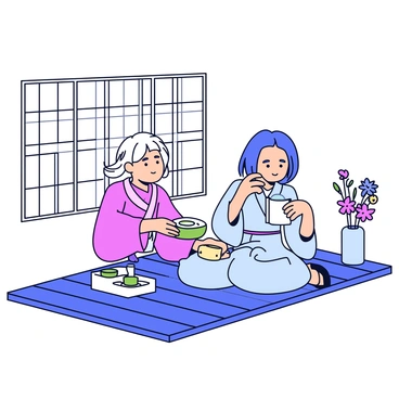 A traditional Japanese tea ceremony with a tea master serving green tea in a tranquil setting.