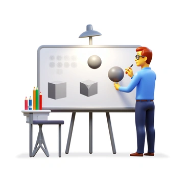An illustration instructor standing next to a whiteboard, demonstrating shading techniques. The instructor is using a black marker to create various shading patterns, such as hatching and cross-hatching. The whiteboard features examples of shaded shapes, including a sphere and a cube, showcasing the depth and dimension created through these techniques. Light from an overhead lamp illuminates the scene, casting soft shadows on the floor. The instructor wears glasses and has a focused expression while explaining the concepts. There are art supplies, like colored pencils and markers, scattered on a nearby table.