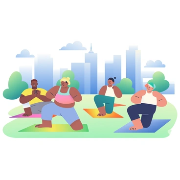 A group of five individuals is practicing yoga in an open outdoor space. They are on colorful yoga mats, each positioned in various poses such as downward dog, warrior, and tree pose. The individuals are of diverse backgrounds, showcasing a range of skin tones and hair styles. In the background, Austin's skyline is visible with tall buildings and a clear blue sky. The grass beneath them is vibrant green, and a few trees are scattered in the area, adding to the serene atmosphere of the scene.