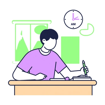 A student is sitting at a wooden desk in a classroom, focused intently on a test in front of them. The student has short hair and is wearing a simple t-shirt. They are holding a green pencil with their right hand, poised above the answer sheet. The desk has a few stacked papers and a small eraser placed next to the pencil. In the background, there are green and purple posters on the walls and a window letting in light. A clock hangs above, showing that it's 10:15 AM.