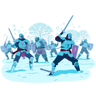 A snowy battlefield covered in a thick layer of white frost. Armored warriors are engaged in fierce combat, their metallic armor glinting under the pale winter sun. The warriors, equipped with swords and shields, display a range of intricate designs on their armor, reflecting their respective factions. Snowflakes are swirling around them, creating a dynamic atmosphere of chaos and movement. In the background, the silhouettes of distant trees are barely visible, adding to the bleak, cold environment. The ground is marked with tracks of footprints and scattered weapons, emphasizing the intensity of the conflict.