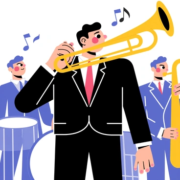A trumpet player stands in a jazz band, wearing a shiny black suit with a bright red tie. The player has puffy cheeks as they blow a powerful note into a golden trumpet, which gleams under the stage lights. The background features other musicians, including a drummer and a saxophonist, adding to the lively atmosphere of the performance. Musical notes float around the trumpet player, emphasizing the energy of the music being played.