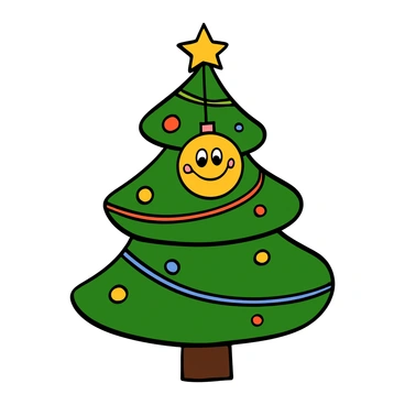 A smiley face ornament hanging from the branches of a green holiday tree. The ornament is round and bright yellow, featuring a cheerful smile and big eyes. Surrounding the ornament are various other decorations, such as colorful lights, shiny tinsel, and sparkling baubles. The tree is adorned with a star on top, and the background features soft, glowing lights that enhance the festive atmosphere.