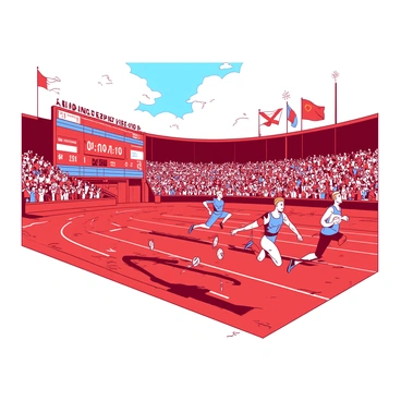 A red stadium filled with spectators is bustling with excitement during a traditional Olympic Games event. In the center, a group of athletes in vibrant uniforms are competing in a race, showcasing their athletic prowess. One athlete, wearing a blue jersey, is leading the pack with determined focus. Surrounding the track, flags from different nations are waving in the breeze, adding to the atmosphere of competition. In the background, a large scoreboard displays current timings and rankings. The sun casts a bright light over the scene, emphasizing the energy and spirit of the event.