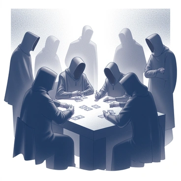 A dark, shadowy realm filled with an indistinct atmosphere. In the center, several indistinct figures are gathered around a table engaged in a card game. The figures are cloaked, their features obscured, creating an air of mystery. The table is covered in an array of cards, some face up and others face down, suggesting a tense moment in gameplay. Ambient shadows loom around the scene, enhancing the enigmatic qualities of the setting. Each figure has a distinct posture that conveys focus and intensity as they strategize their next move.