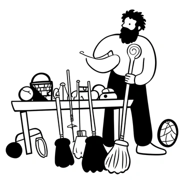 A large figure with unruly hair and a bushy beard is diligently polishing broomsticks, ensuring they are ready for the upcoming Quidditch match. The scene includes several broomsticks lined up on a wooden table, glistening under the light as they reflect the care taken in their preparation. In the background, various Quidditch equipment is scattered around, including balls and goal hoops. The atmosphere suggests a sense of anticipation and dedication to the sport.