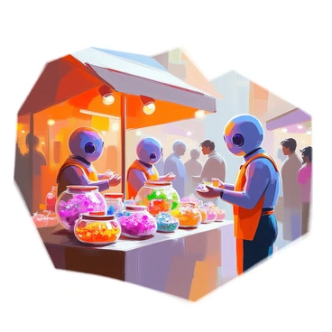 A bustling market scene featuring a variety of colorful microbes being traded among animated vendors. The vendors are immune cells, including macrophages and T-cells, depicted with distinct features such as rounded bodies and various textures representing their cellular structures. Vibrant stalls are set up, displaying different types of microbes in jars, some glowing in bright colors. The atmosphere is lively with the immune cells engaged in animated discussions, exchanging microbes and showcasing their wares. In the background, a diverse group of other immune cells can be seen interacting, creating a sense of community and trade within this microscopic marketplace.