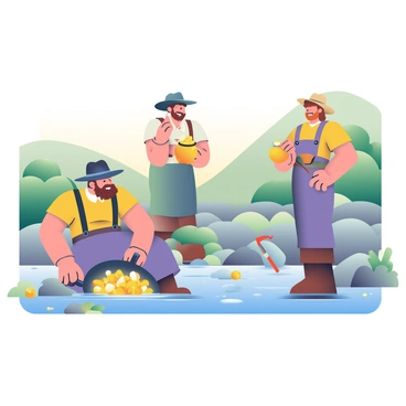 A group of three prospectors is panning for gold in a flowing river. Each prospector is dressed in rugged, period-appropriate clothing with suspenders and wide-brimmed hats. One prospector with a scruffy beard is kneeling by the water with a pan submerged, carefully swirling it to separate the sediment. Another prospector stands nearby, holding a small sack filled with rocks and shining flecks of gold, while the third is examining a shiny nugget held up to the sunlight. The riverbanks are lined with smooth stones and patches of greenery, and the background features rolling hills with trees, capturing the rugged landscape of the gold rush era. A few scattered tools like picks and shovels are placed on the ground around them.