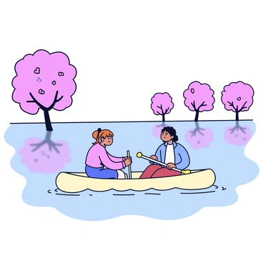 A couple is canoeing in a light-colored canoe on a calm lake. The water is clear, reflecting the soft pink hues of cherry blossoms surrounding the lake. The cherry trees are full of delicate blooms, their petals gently falling onto the surface of the water. The couple is dressed in casual attire, enjoying their time together while paddling quietly. In the background, a few more cherry blossom trees can be seen, completing the tranquil scene.