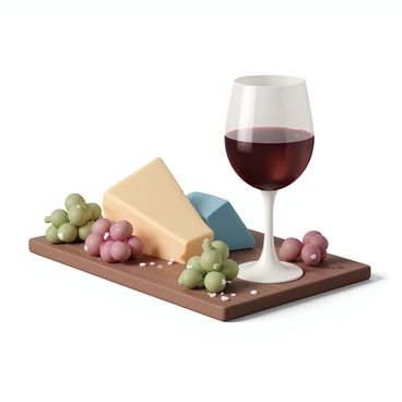 A close-up of a transparent wine glass filled with deep red wine, highlighting the reflections and the rich color. Next to the wine glass is an assortment of cheeses, including a wedge of creamy brie, a sharp aged cheddar, and a blue cheese, each with distinct textures. There are also clusters of green and red grapes scattered around the wooden platter, with some grapes glistening with dew, adding freshness to the scene. The wooden platter has a rustic texture, enhancing the overall presentation.