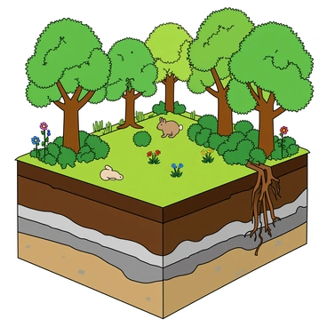A vibrant, lush forest filled with tall green trees and dense foliage, creating a rich canopy overhead. Sunlight filters through the leaves, casting playful shadows on the ground. The scene features a clear, transparent cross-section view of the earth's layers below the forest floor. The layers are visible, showcasing the dark brown topsoil, lighter subsoil, and deeper rock layers in varying shades of gray and brown. Small roots extend from the trees into the soil, connecting the surface to the earth's layers. Colorful flowers bloom amidst the greenery, adding pops of color to the scene. Small animals, such as a rabbit and a squirrel, can be seen among the underbrush, enhancing the lively atmosphere of the forest.
