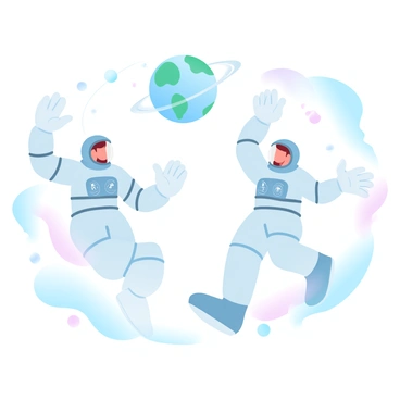 Two astronauts in space are floating apart from each other, both with their arms raised in a waving motion. They are wearing space suits, which are detailed with various patches and markings. The vastness of space surrounds them, filled with stars and distant celestial bodies. In the background, Earth is prominently visible, showcasing its blue oceans and green landmasses. The scene is infused with gradient pastel colors that softly blend into each other, enhancing the visual appeal.