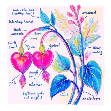 A detailed botanical diagram of a bleeding heart flower is presented. The flower features heart-shaped pink blossoms hanging from arching stems. The leaves are fern-like with a soft green color, intricately shaped and arranged. Each part of the flower is labeled, including the petals, sepals, stamens, and ovaries. The background is kept neutral to enhance the clarity of the diagram and labels. The labels are in clear, legible text, positioned appropriately near each corresponding part of the flower.