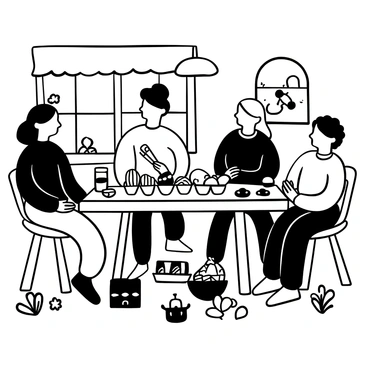 A family joyfully painting and decorating Easter eggs at a kitchen table