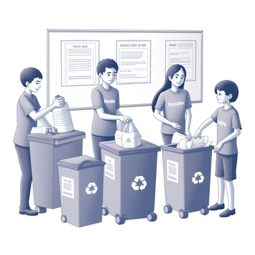 A classroom setting with multiple students engaging in sorting garbage. One student is placing a plastic bottle into a recycling bin labeled "Recyclables." Another student is carefully folding a piece of paper before inserting it into a separate bin designated for paper products. A third student is standing near a trash bin, identifying items that do not belong in the recycling. The bins are clearly labeled and placed prominently in the room, each with a distinct symbol representing the type of materials they accept. The walls of the classroom are adorned with educational posters about recycling and environmental awareness.