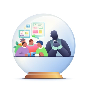 A clear crystal ball rests on a wooden table, reflecting soft light. Inside the ball, two distinct scenes are visible. On the left, a bright scene depicts a diverse group of people collaborating, with a holographic display of data above them showcasing positive applications of AI such as healthcare advancements and environmental monitoring. On the right, a darker scene reveals a shadowy figure using AI for unethical purposes, such as surveillance and manipulation of information. The backdrop of the ball transitions smoothly, blending from light to dark, symbolizing the duality of AI's impact on society.