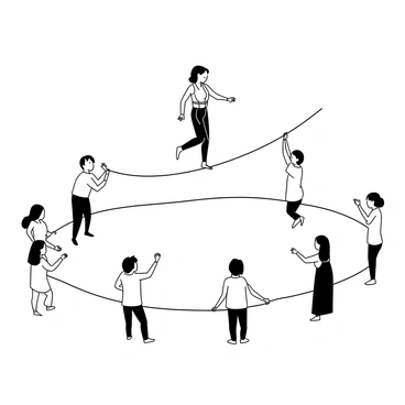 A giant safety net is stretched across the ground, supported by a group of people standing around its edges. Each person is using their hands to hold the net securely, displaying a range of expressions from focus to determination. Above them, a tightrope walker is gracefully balancing on a thin rope. The walker is wearing a fitted outfit with a harness, arms extended for balance. The scene captures the intense moment of performance, with the safety net serving as a crucial safety measure below.