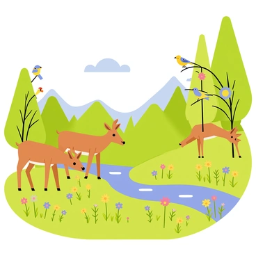A peaceful wildlife refuge featuring a lush green landscape. In the foreground, a group of brown deer grazes on the grass, their ears perked up and alert. Colorful birds are perched on low branches of nearby trees, some flapping their wings while others sing. A clear blue sky with a few fluffy white clouds fills the background, while a gentle stream flows through the scene, reflecting the sunlight. Wildflowers in various shades of yellow, purple, and pink bloom among the grass, adding pops of color to the serene environment.