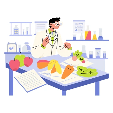 A scientist wearing a white lab coat and protective goggles is examining a colorful array of fruit and vegetable samples on a lab bench. The lab is bright and organized, with various beakers and test tubes filled with liquids. On the table, there are apples, bananas, carrots, and leafy greens spread out beside a notebook filled with notes. The scientist is holding a magnifying glass, inspecting a composting sample. Charts and posters about food waste solutions are visible on the walls, enhancing the focus on sustainability.