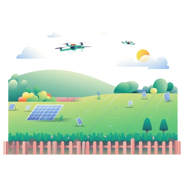 A sustainable farm is depicted with rows of vibrant green crops stretching across the landscape. In the sky above, several small drones with sleek designs are hovering, monitoring the health of the plants. Scattered throughout the farm are numerous solar panels, catching sunlight to power the operations. In the background, a gentle hill rises, dotted with trees, enhancing the natural scenery. A wooden fence runs along the edge of the farm, framing the vibrant agricultural scene.