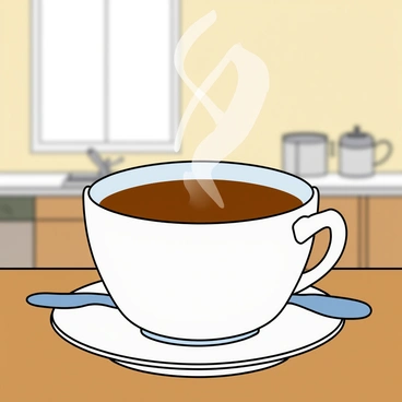 A large white porcelain cup filled with brown tea, sitting on a small saucer. The cup has a delicate handle and is placed on a wooden table. From the cup, "heart-shaped steam" is rising in the air, creating a whimsical effect. The background features a soft, blurred scene of a cozy kitchen with light coming through a window. On the table, there is a small spoon resting beside the cup.