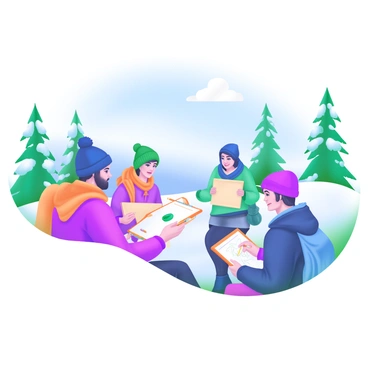 A group of students is sitting in the foreground, each holding a sketchbook and pencil. They are intently focused on capturing the beauty of a snowy Canadian landscape. In the background, there are tall, snow-covered pine trees under a clear blue sky. The ground is blanketed in thick, white snow, creating a serene and peaceful atmosphere. The students are wearing warm winter clothing, including hats and scarves, reflecting the cold weather. Some students are sketching, while others are discussing their observations.