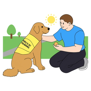 A guide dog in training, a golden retriever with a shiny coat, is wearing a bright yellow vest that reads "Service Dog - In Training." The dog is sitting attentively beside its trainer, a middle-aged person with light skin and short brown hair, wearing a blue t-shirt and black pants. The trainer is kneeling down to the dog's eye level, offering a small treat in their hand. In the background, there is a grassy park with a few trees and a walking path. The sun is shining, creating a cheerful atmosphere.